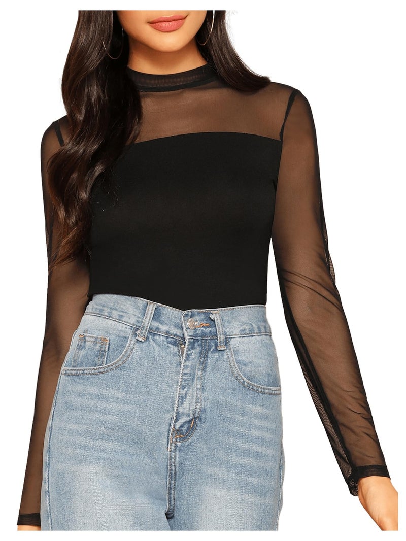 SweatyRocks Women's Elegant Long Sleeve Contrast Sheer Mesh Slim Fit T Shirt Tops Black #1 L - Image 1